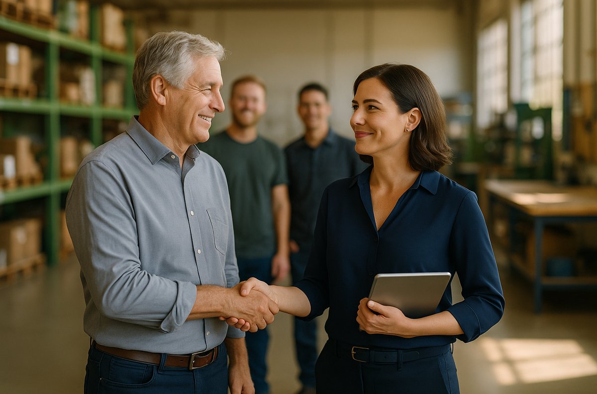 Retiring business owner shaking hands with his longtime general manager on the floor of their company